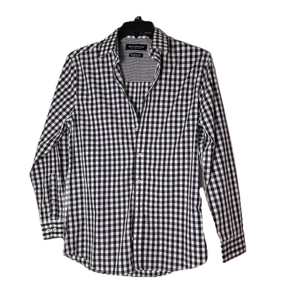 Nick Graham Modern-Fit Dress Shirt Long‎ Sleeve Flip Cuff  Plaid 14.5-15 (32-33)